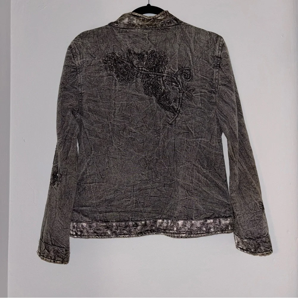 Vintage Flashback Womens Embroidered Denim Jean Jacket Shacket Coat Gray Black
